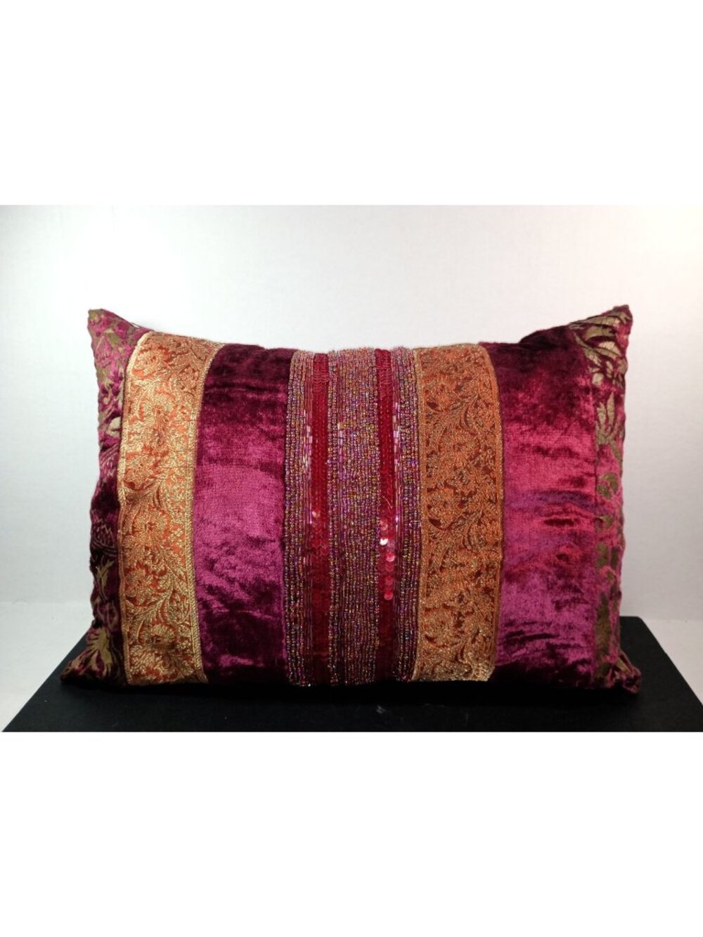 Vintage Beaded Witchy Whimsy Throw Pillow Red Satin & Velvet Feather Down